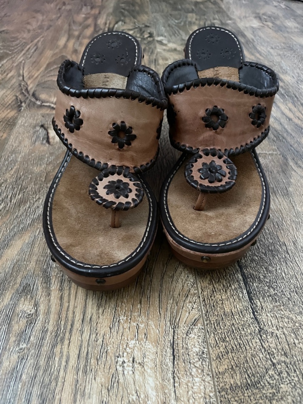 Jack Rogers Brown Floral Leather Thong Sandals